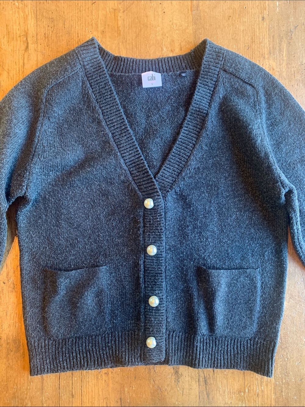CAbi Charcoal Gray V-Neck Button Cardigan - Pearl Button